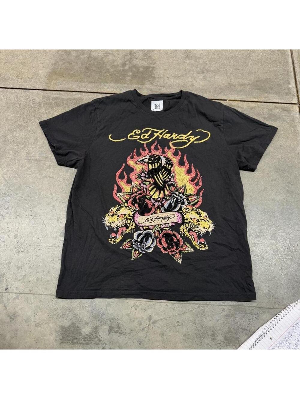 vintage ed hardy bedazzled flame tiger rose shirt size large